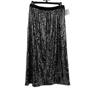 Falda midi DR2 para mujer mediana lentejuelas brillante cintura alta negra elástica Foto 1 de 4