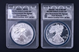 2008-W/P American Silver Eagle Set ANACS PR70DCAM & MS70 First Release BB037 - Picture 1 of 2