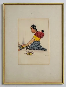 Acuarela vintage pintada a mano/gouache de mujer indígena moliendo maíz EE. UU. - Imagen 1 de 8