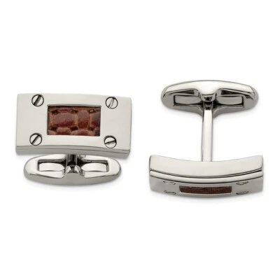 Edward Mirell Titanium & Brown Leather Polished Cufflinks - Image 1 of 3