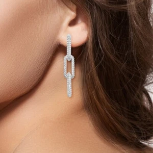 1.75" Silver Plated On Brass Womens CZ Pave Paper Clip Dangle Earrings - Picture 1 of 6