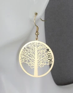 Gold Tree of Life earrings 1 7/8" long charm pendant symbol knowledge tree  - Picture 1 of 10