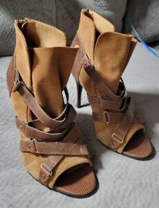 5/48 Brown Snakeskin Leather Strap Suede Open Toe High Heel Sandal, Sz 6.5, NWOT