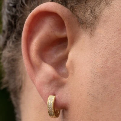 14K Gold Plated Men's 925 Sterling Silver Thick Iced Cz Hoops Earrings - Image 1 of 4