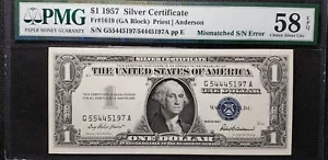 Error Fr#1619 1957 $1 Silver Certificate Mismatched S/N G55445197/54445197 - Picture 1 of 2