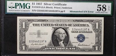 Error Fr#1619 1957 $1 Silver Certificate Mismatched S/N G55445197/54445197 - Image 1 of 2