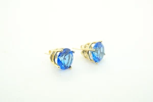 14k Yellow Gold Estate Sale Blue Stud Earrings Vintage Style - Picture 1 of 4