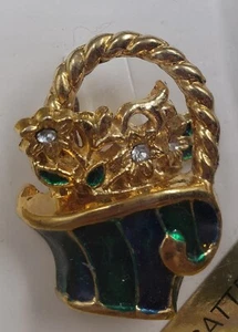 Neu im Karton grün Emaille goldfarben Korb Strass Blumen von Designer ADRIENNE PICARD - Bild 1 von 4