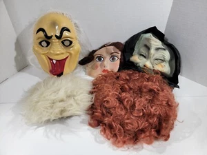 Vintage Halloween Maske Perücke Lot Stoff Flapper Mädchen Gummi Kapuze alte Dame Hexe - Bild 1 von 22