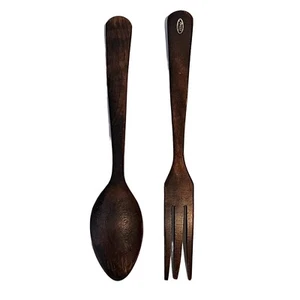 Vintage 10" Brown Wooden Salad Spoon and Fork Serving Utensils Made in Japan - Picture 1 of 5