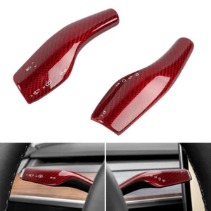 Real Carbon Fiber Red Steering Wheel Paddle Shift Trim Cover For Tesla Model 3-Y - Picture 1 of 9