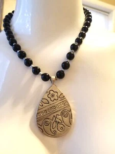 Coldwater Creek Bead Necklace Black Glass Reversible Pendant Blue Silver Tree - Picture 1 of 5