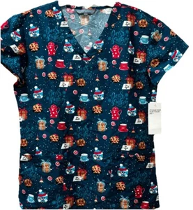 Women's Serene Uniforms For Santa Milk and Cookies V Neck Christmas Scrub Top S - Picture 1 of 5