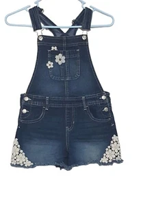 Jordache Girls Denim Bib Overall Shorts Size L 10/12 Distressed Raw Hem Lace - Picture 1 of 8