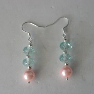 Earrings with Pink Pearls And Aquamarine 3 Cm. Long + 925 Silver Hooks - Picture 1 of 5