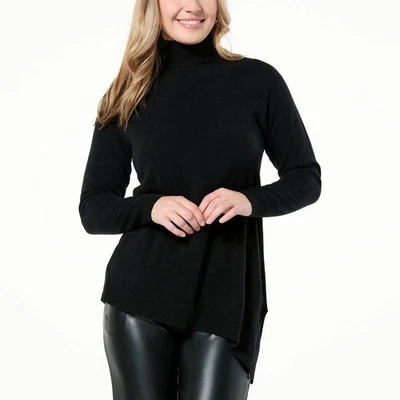 Suéter DG2 by Diane Gilman Lux Touch Dobladillo Asimétrico Cuello Alto Negro Talla 1X Foto 1 de 2