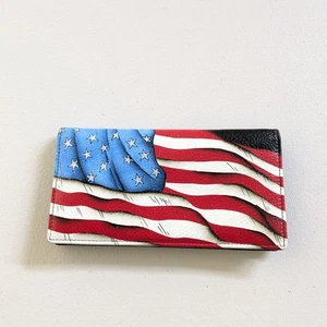 Portafoglio Anuschka stelle e righe bandiera due pieghe pochette slim 7,5" x 4" nuovo con etichetta - Foto 1 di 8