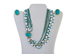 Vintage Turquoise and White Bead Necklace and Clip Earrings Set - Picture 1 of 7