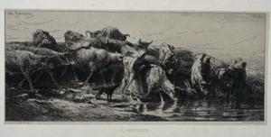 Abreuvoir GRAVURE Eau Forte CHARLES JACQUE Delatre VACHES 1866 - Picture 1 of 3