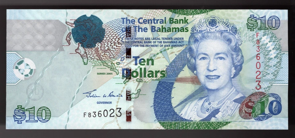 2005 Bahamas $10 DOLLARS Pic# 73  Queen FLAMINGO LIGHTHOUSE UNC Rare 1 of 2 con - Image 1 of 2