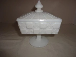 Vintage Westmoreland Old Quilt Covered Square Compote Candy Dish Milk Glass 7" H - Picture 1 of 4
