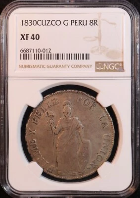 1830-Cuzco G Peru Silver 8 Reales - NGC XF40 -Sweet Original! Scarce Cuzco Mint! - Image 1 of 4