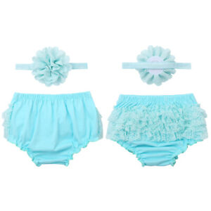Baby Girls Ruffled Diaper Cover Bloomers Frilly Lace Knicker with Headdress Set