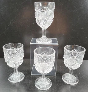 4 Westmoreland Old Quilt Clear Glass Wine Glasses Set Vintage Star Etch EAPG Lot - Picture 1 of 24