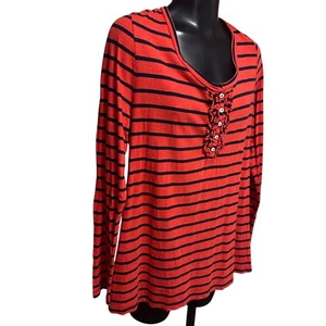 Old Navy Damen XL Henley Pullover rot marine gestreift Rüschen Langarmshirt - Bild 1 von 10