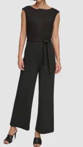 Dkny Women's Black Asymmetric-Neck Mixed-Media Jumpsuit Size 12 - Picture 1 of 2