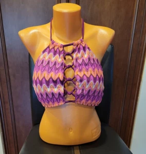 Hula Honey Women's Juniors Pink Brown Geometric Wave Hi Neck Swim BIkini Top L - Picture 1 of 7