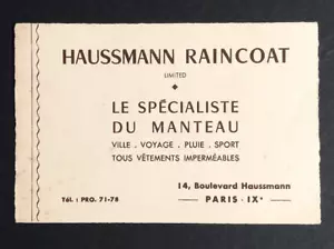 Tarjeta de visita Haussmann impermeable tienda París Francia recibo vintage 1951 - Imagen 1 de 2