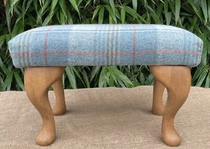 Hand Crafted Abraham Moon Check Wool Fabric Footstool -Queen Anne Wooden Legs - Picture 1 of 6