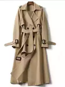 Long Solid Trench Classic Double Breasted Lapel Coat Jacket with Belt Classic - Picture 1 of 14