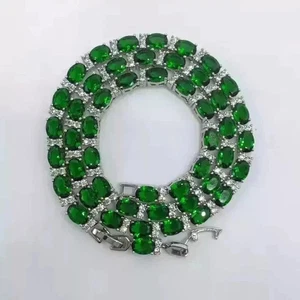 16CT Oval Lab Created Green Emerald Men's Tennis Necklace 14k White Gold Plated - Picture 1 of 10