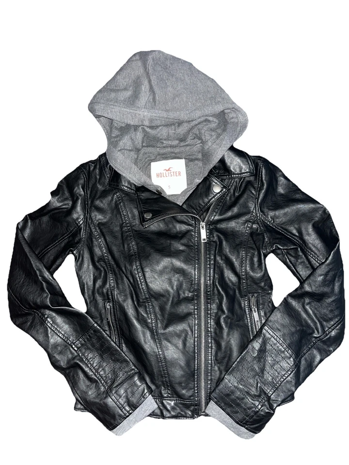 Hollister ~ Sudadera con Capucha de Cuero Sintético Moto Chaqueta de Motocicleta ~ Negro/Gris ~ Talla Pequeña ~ NUEVO SIN ETIQUETAS Foto 1 de 4