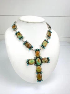 Enorme collar cruzado artesanal de plata esterlina turquesa Kingman & Petit Point - Imagen 1 de 10