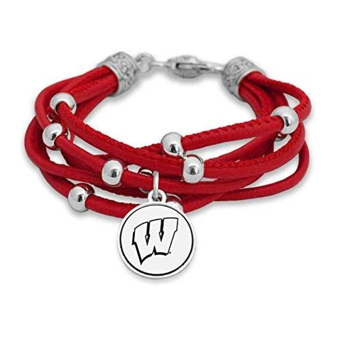 Wisconsin Badgers Leather Strand Bracelet with Logo and Lobster Clasp Cover