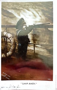 Antique Postcard Ship Ahoy Sailor Uniform Telescope Studio Photo Bamforth 1907 - Picture 1 of 2