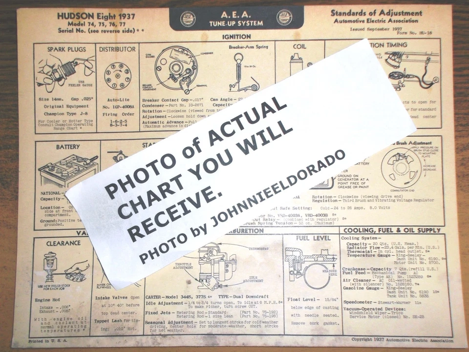 Gráfico de ajuste 1937 Hudson EIGHT Series 74, 75, 76 e 77 modelos AEA    - Imagem 1 de 1