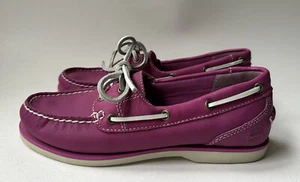 Timberland Women's Pink Leather Slip On Handsewn Boat Loafer Shoes Size 6 -W02 - Picture 1 of 10