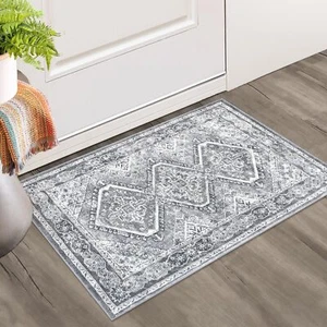 2x3 Entryway Oriental Rug Grey Blue Tribal Non-Slip Low Pile Washable Carpet - Picture 1 of 8
