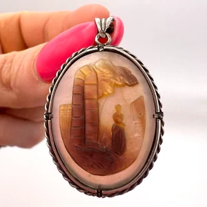 Antique Carved Old Hand Natural Shell Woman's Jewelry Pendant Cameo Silver 900 - Picture 1 of 6