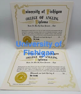 Vintage 1980's University of Fishigan Fisherman Diploma 2pk For Office/ManCave - Picture 1 of 4
