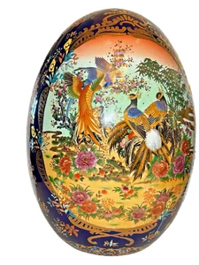 GIANT 18” Chinese SATSUMA Gilded Porcelain Vintage EGG  Decor RARE Peacocks - Picture 1 of 7