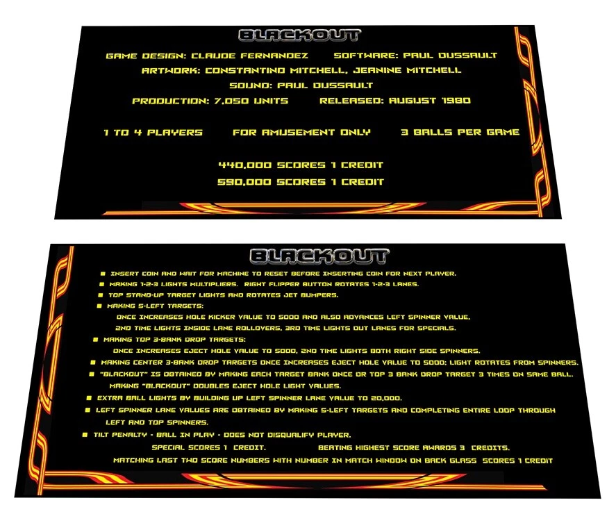 Williams Blackout Pinball Custom Apron Instruction Cards - Image 1 of 1