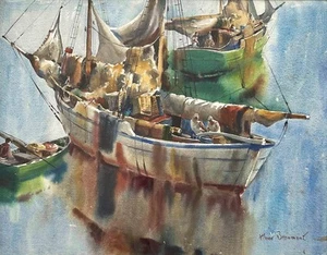 Arthur Beaumont -Watercolor -Sponge Fishermen -Culebra, Puerto Rico -c 1930s/40s - Picture 1 of 5
