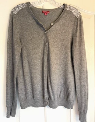 Cárdigan Merona Gris Plateado Lentejuelas Hombros Grande Manga Larga Preppy Clásico   Foto 1 de 4