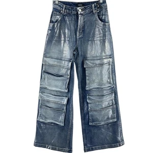 Akira Women's Medium Blue Silver Metallic Denim Cargo Wide-Leg Jeans NWT - Picture 1 of 4