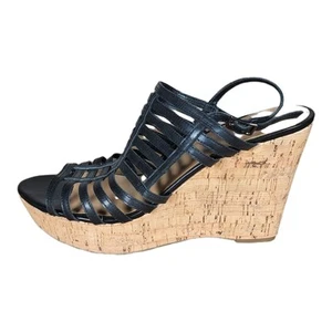 Mujer Franco Sarto Sombre Zapatos Corcho Cuña Sandalia Cuero Negro Talla 9.5 M Usado en Excelente Condición - Imagen 1 de 10